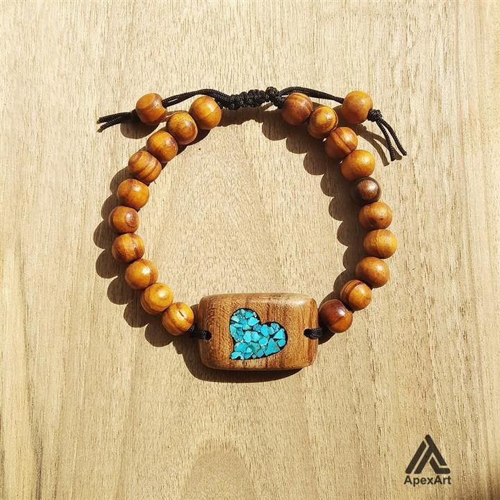 دستبند چوبی فیروزه کوبی شده قلب کد 319